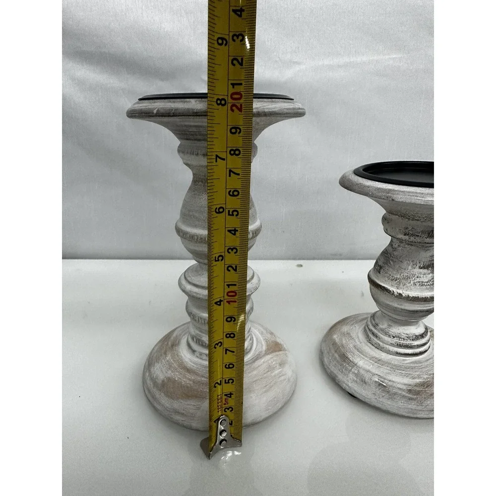 Set Of 2 India Hand Carved Wood Chapel Pillar Candle Holder 6